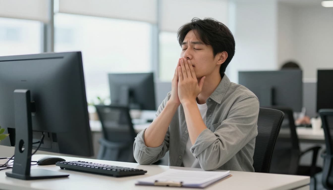 A mid-30s office worker sits at a cluttered desk in a modern office, taking a deep breath with eyes closed and hands relaxed on lap amid soft natural light. The realistic photograph captures a calm expression after stress relief, with blurred computer screen in the background and no other people or text.