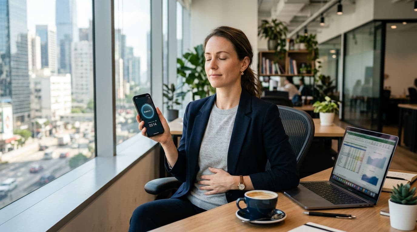 A busy mid-30s professional in a modern office pauses work to use a wellness app on her smartphone for a breathing exercise, with eyes closed and relaxed expression, one hand on phone and one on belly. Nearby are a coffee mug, laptop on desk, and window with city view in natural light.