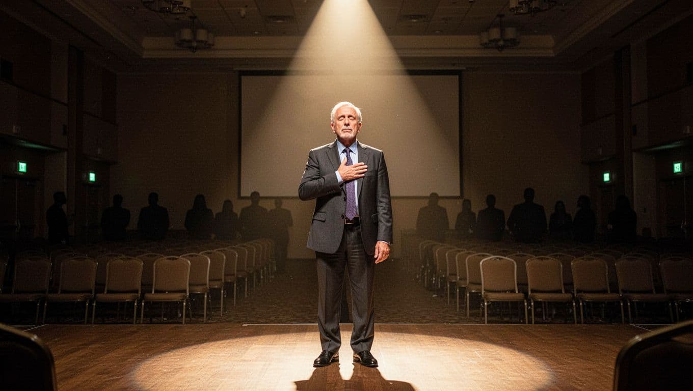 A middle-aged business executive in a suit stands center stage under a bright spotlight in a large empty conference hall, one hand on his chest as if taking a deep breath, his face transitioning from anxiety to calm in a realistic photograph style.