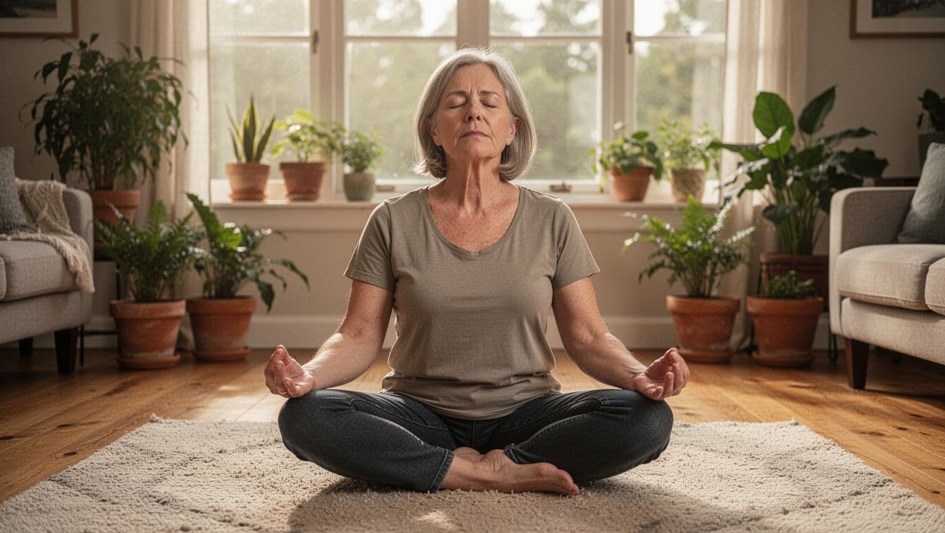 A middle-aged person sits cross-legged on a soft rug in a cozy living room, eyes closed, practicing deep breathwork with natural light and potted plants creating a peaceful atmosphere.