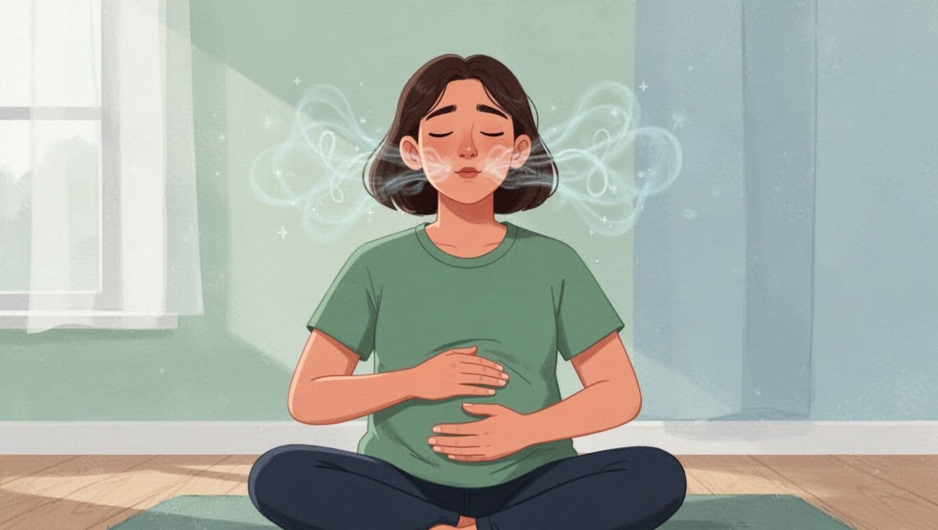 A person takes a conscious breathing pause away from screens, eyes closed with hands on belly in relaxed posture in a calm room. Modern illustration style featuring clean shapes, soothing greens and soft blues, emphasizing serene face and breathing motion.