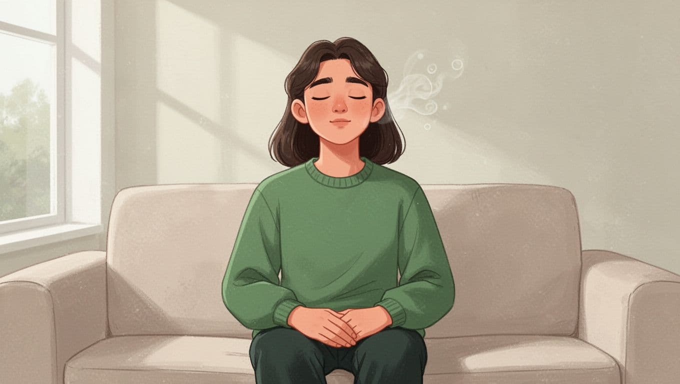 A young person pauses calmly on a minimalist sofa bathed in natural light, eyes closed in deep breath with relaxed hands in lap, in a serene home setting. Modern illustration style with clean shapes and soft green-beige tones focused on upper torso.