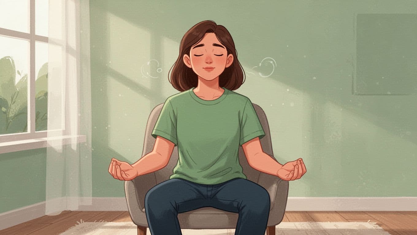 One person sitting on a chair in a calm room, eyes closed, hands on knees palms up, practicing deep mindful breathing with relaxed shoulders and soft expression, evoking inner peace amid stress. Modern illustration with clean shapes, soft greens and warms, focusing on torso and face under gentle window light.