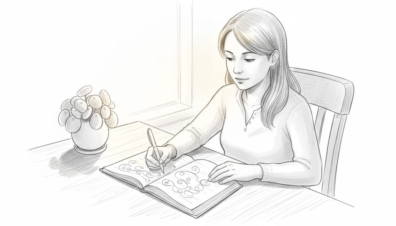 A person sits at a desk journaling with pen in hand, writing in an open notebook, displaying a calm expression in a cozy workspace with a nearby plant. Hand-drawn graphite sketch style featuring linework, light shading, and clean white paper background.