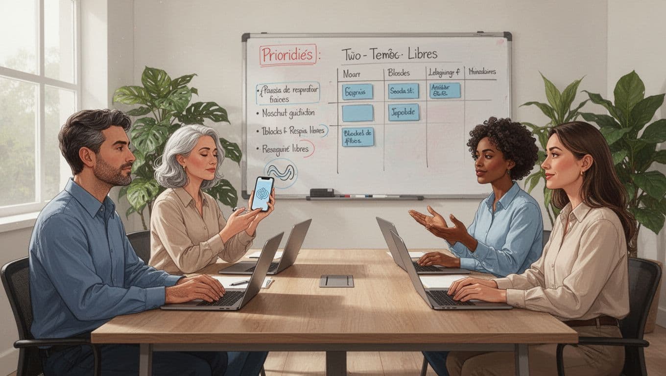 A small group of four diverse leaders—two men and two women—discuss calmly in a bright minimalist meeting room, with one taking a guided breathing pause on their phone and a whiteboard showing clear priorities and free time blocks.