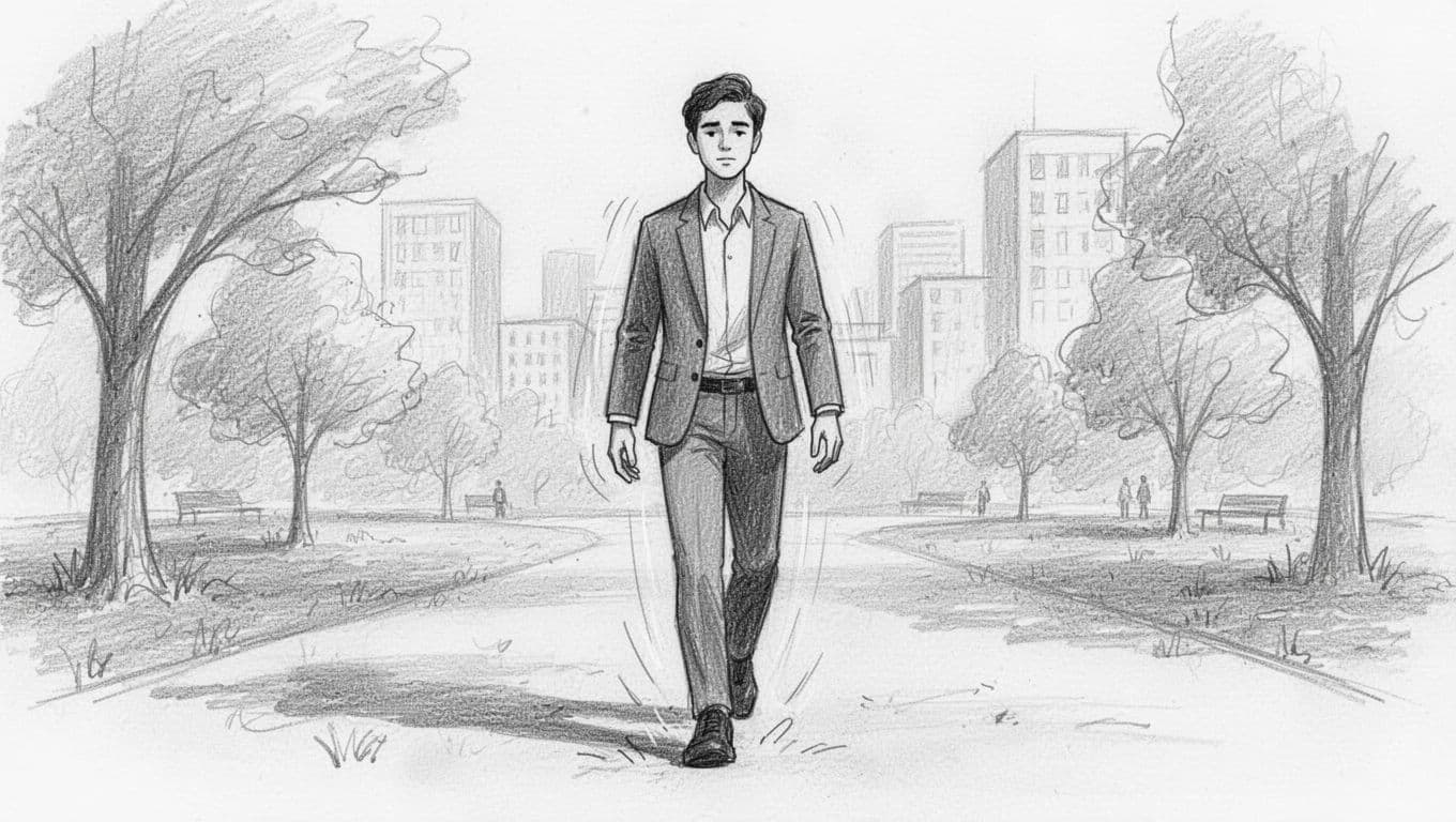 Hand-drawn graphite sketch of a young professional in an urban park or office break area performing mindful walking, featuring a relaxed stride, calm expression, and fading tension release lines from the body.