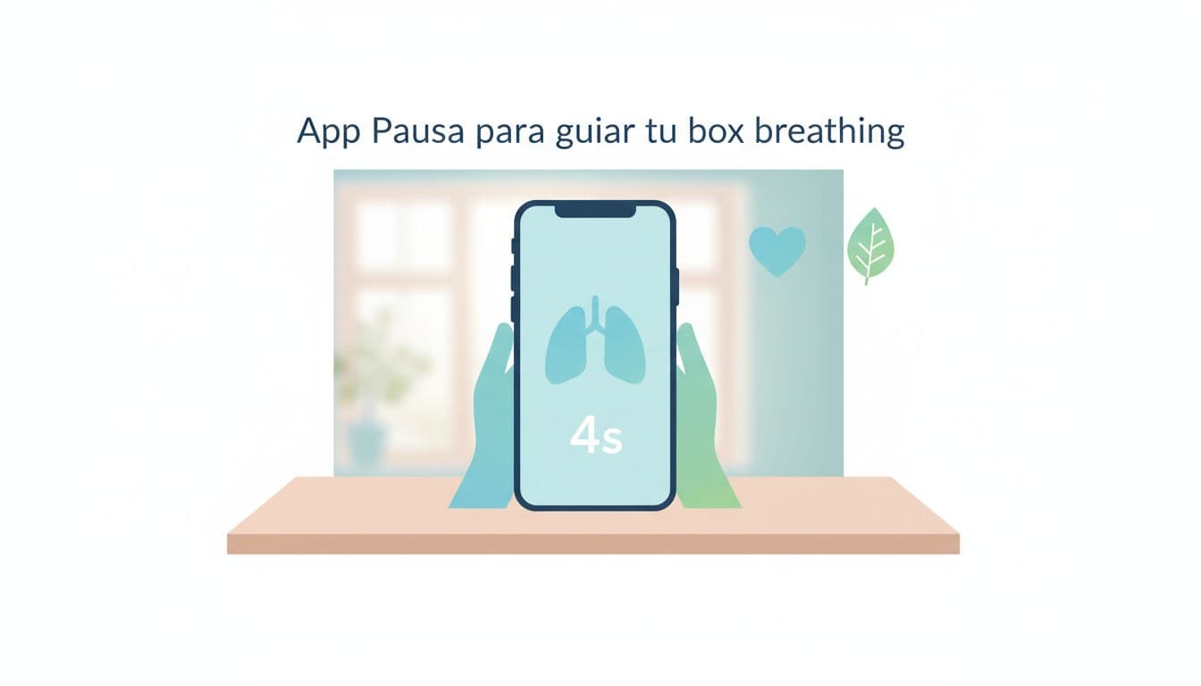 Infografía en diseño flat minimalista con colores suaves azul y verde, mostrando un teléfono móvil sobre mesa de madera con temporizador de respiración (icono de pulmón y cuenta 4s), fondo hogareño tranquilo, siluetas de manos e iconos de calma.