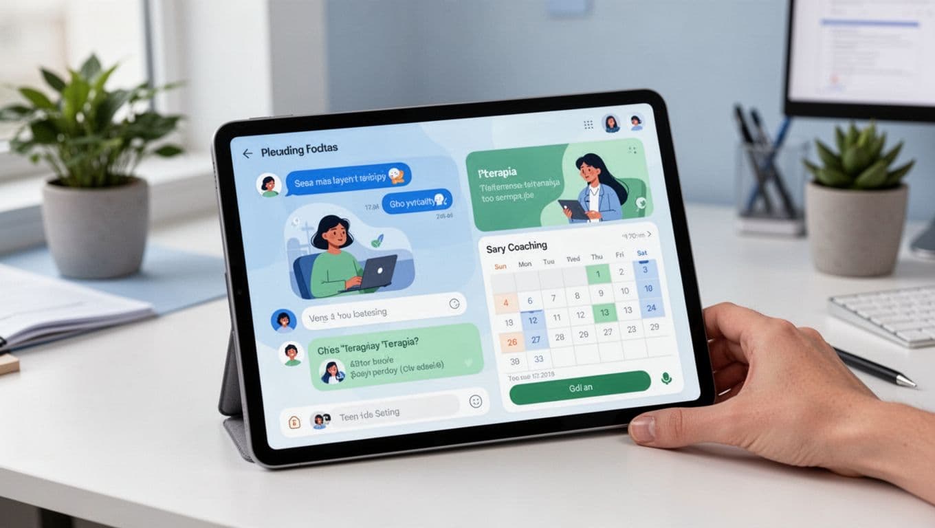Clean modern illustration of a minimalist mental wellness app interface on a tablet in angular view with home office background, featuring therapy chat and coaching calendar in calming blue and green colors, hand resting nearby, focusing on usability.