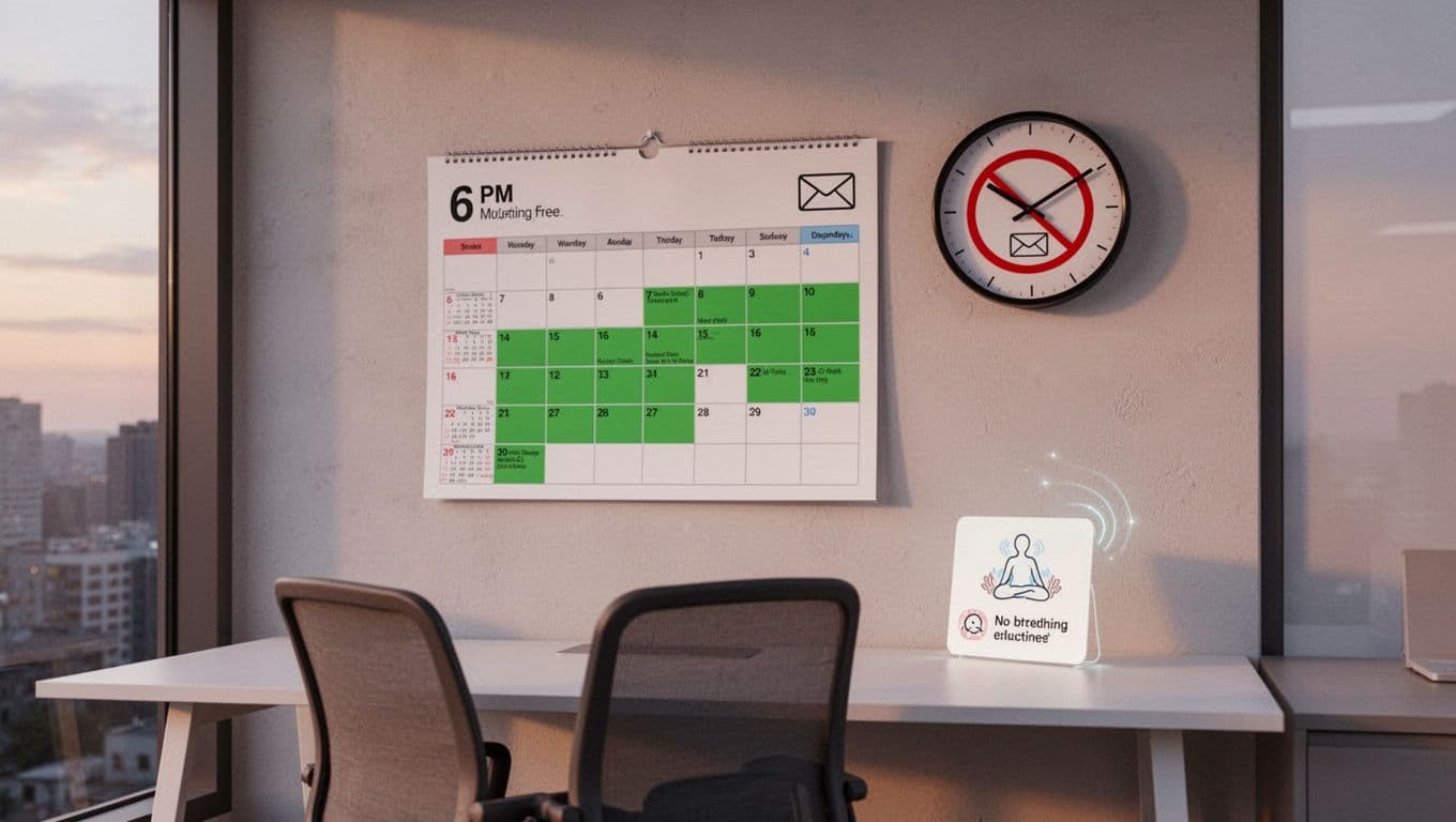 A modern minimalist office setup with a wall calendar highlighting green meeting-free blocks next to a 6 PM clock and no-emails icon, subtle breathing exercise reminder on the desk, and an empty chair symbolizing boundaries and serene evening offline time.