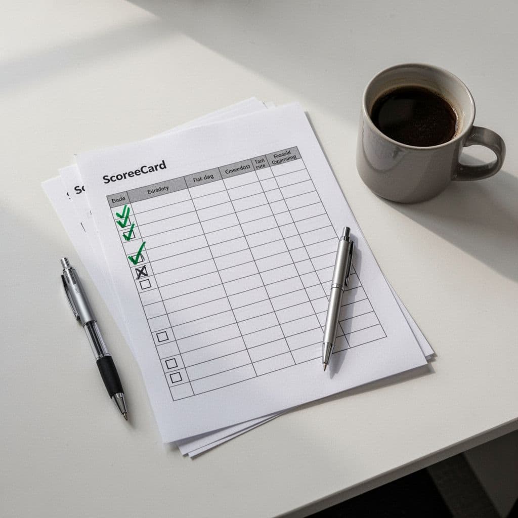 Simple top-down view of an office desk with marked checklist scorecard paper, pen, coffee mug in natural daylight, clean minimalist style, high detail on paper texture, no people or text.