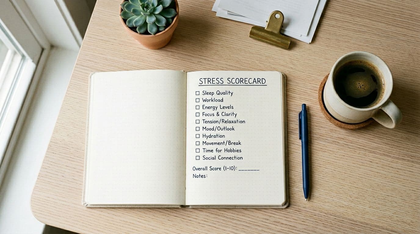 Top-down view of a simple, clean office desk setup with a notebook displaying a basic stress scorecard checklist, a nearby pen, and coffee mug bathed in natural daylight. Minimalist style focusing on paper and items, no people, screens, logos, or detailed text.