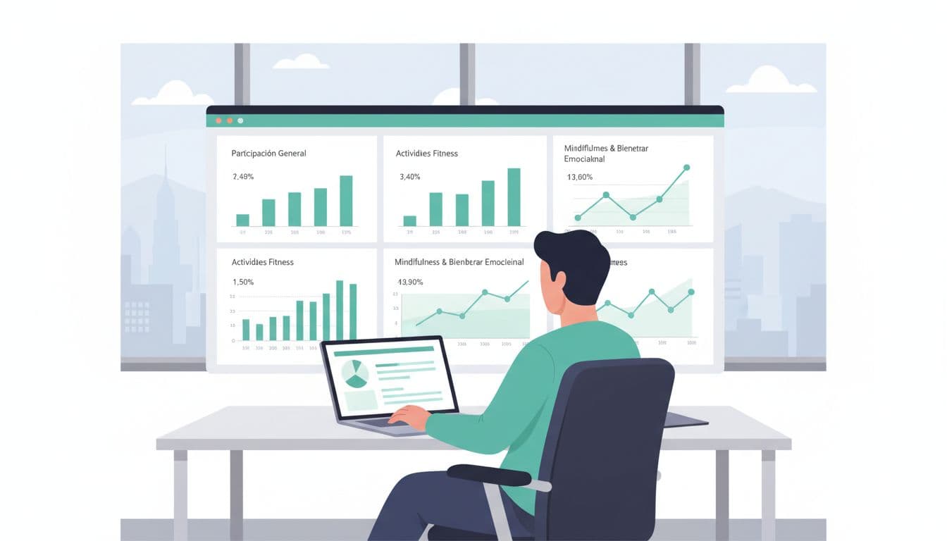 Illustration of a modern admin dashboard showing aggregated participation metrics for a corporate wellness program, set in a CDMX office with a person reviewing a laptop amid subtle skyline views and clean graphic design.