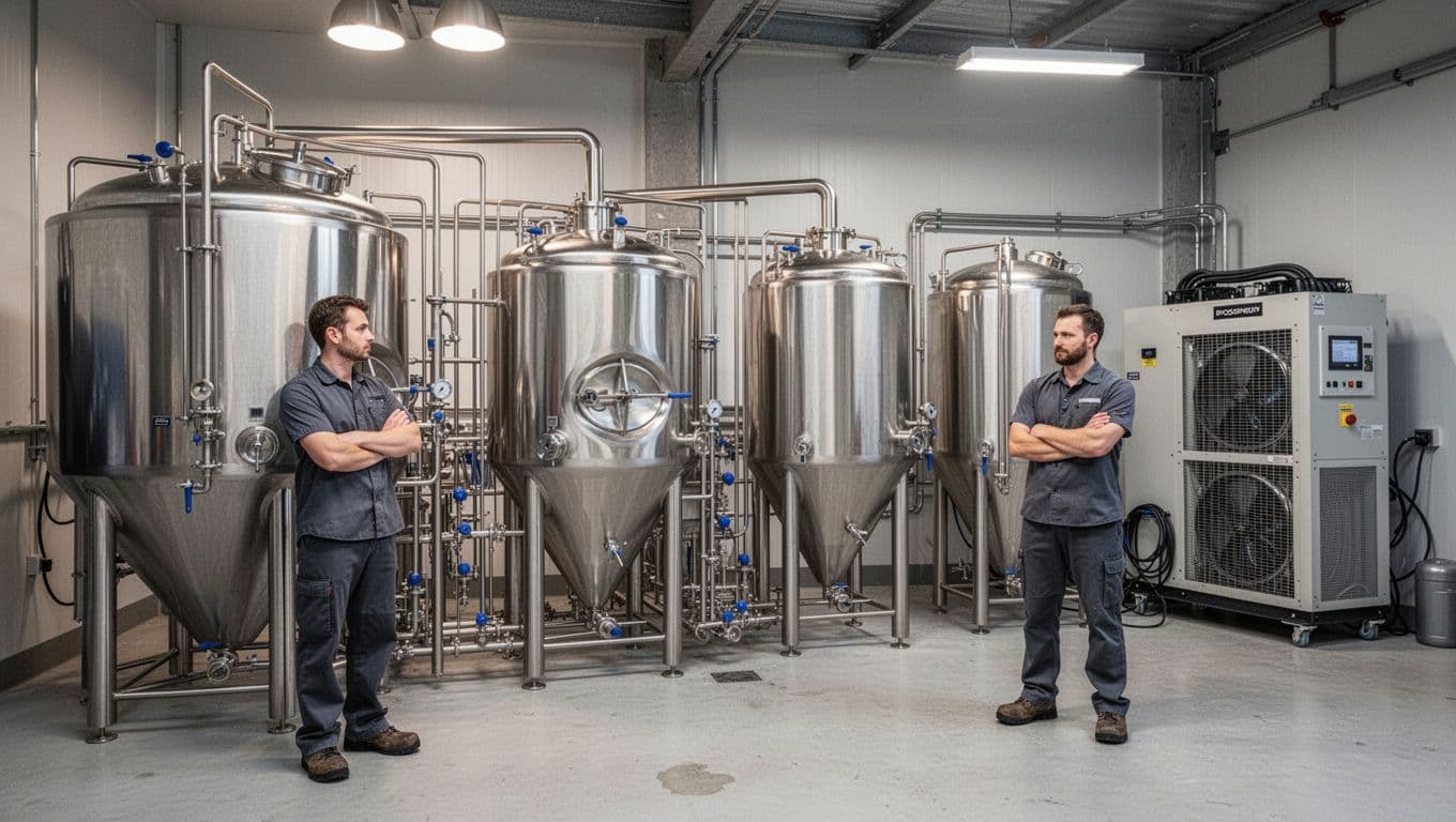 How to Start a Brewery in Florida: From First Idea to First Pour 2 Modern craft brewery production area with shiny stainless steel brewhouse, two fermenters, brite tank, and glycol chiller unit in the background on a clean industrial concrete floor. One worker in brewery uniform stands nearby with arms crossed under soft overhead lighting.