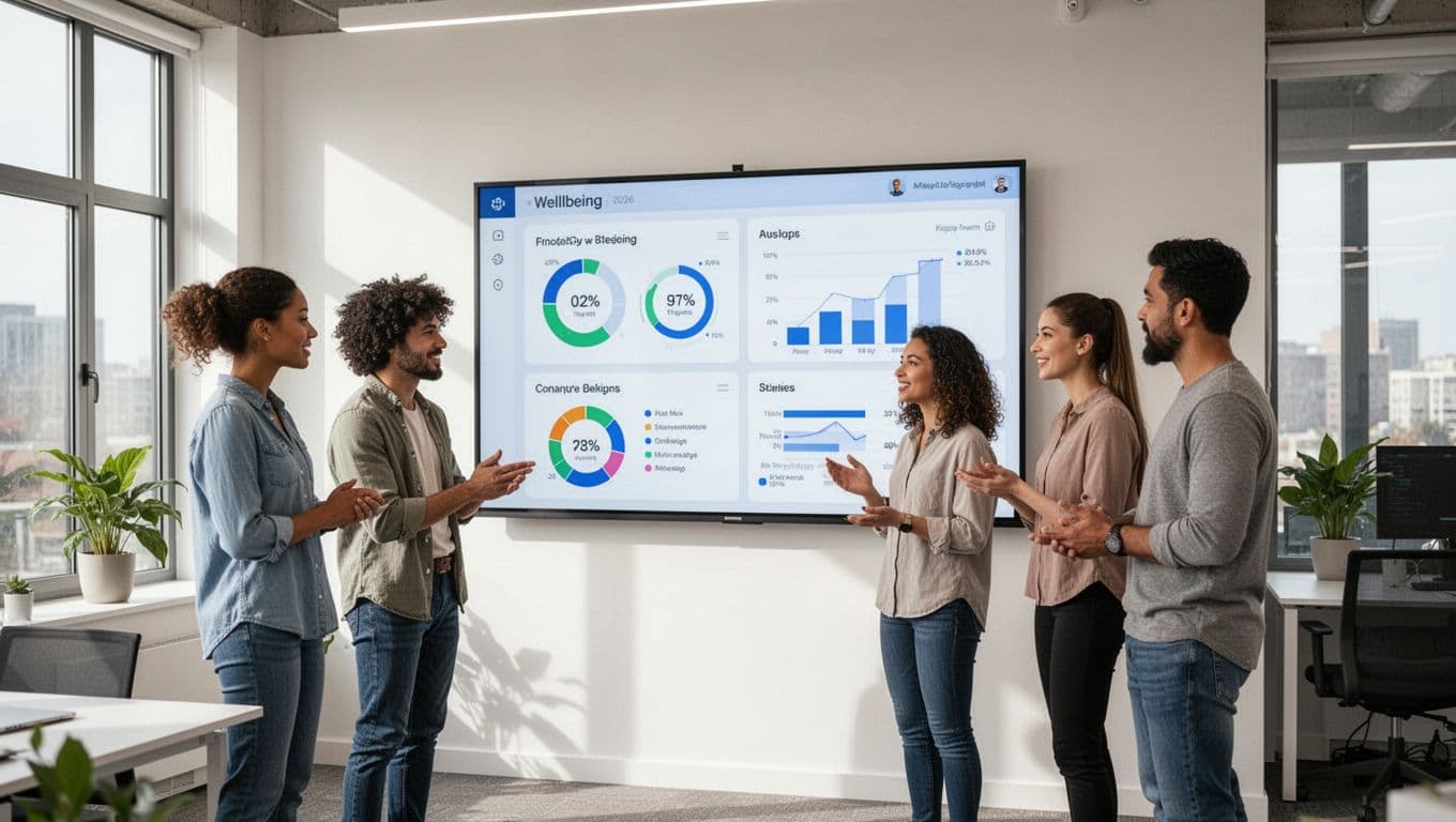 Modern office team of four diverse employees collaborating around a shared digital dashboard on wall screen showing wellbeing metrics, standing casually in bright natural light, realistic photo style.