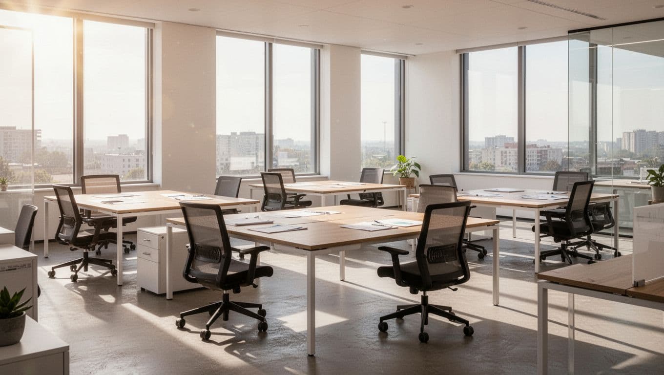 Photorealistic high-resolution image of a modern office featuring several empty desks with chairs pulled away, organized papers, and abundant natural light from large windows, emphasizing vast empty space with zero people present.