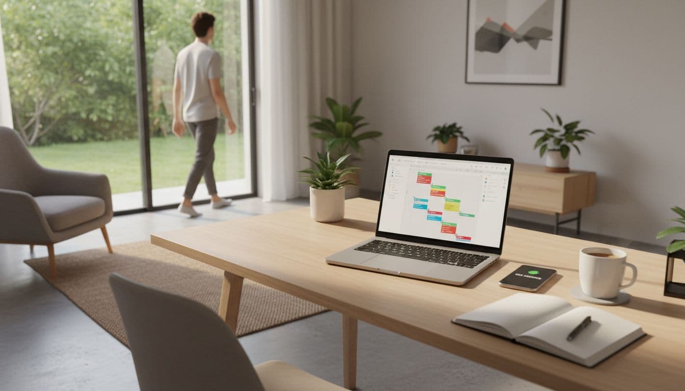 Clean modern home office setup featuring a single laptop with project board open, phone on do not disturb, notebook, and coffee mug, with a person stepping away for a break visible outside the window in a calm, brightly lit atmosphere.