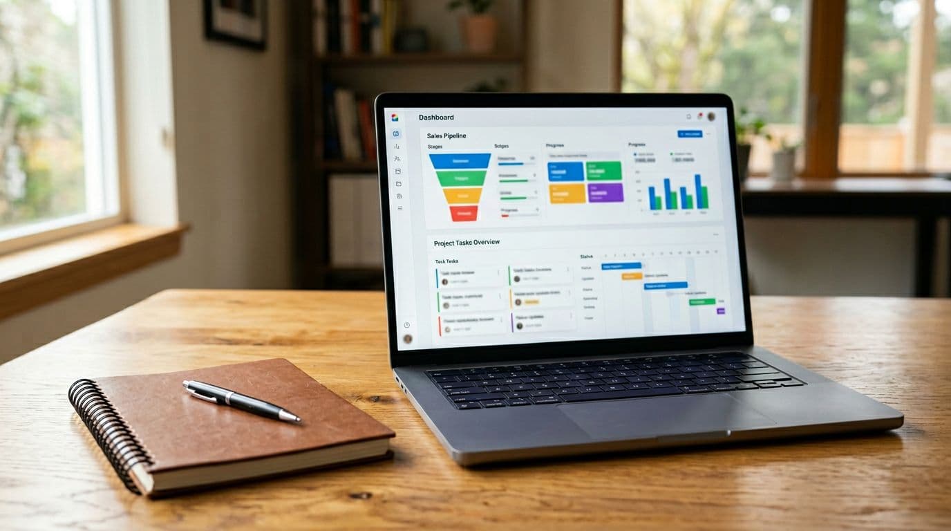 Clean modern dashboard on laptop screen showing sales pipeline and project tasks overview, positioned on a wooden desk with notebook and pen nearby, natural light, realistic render.