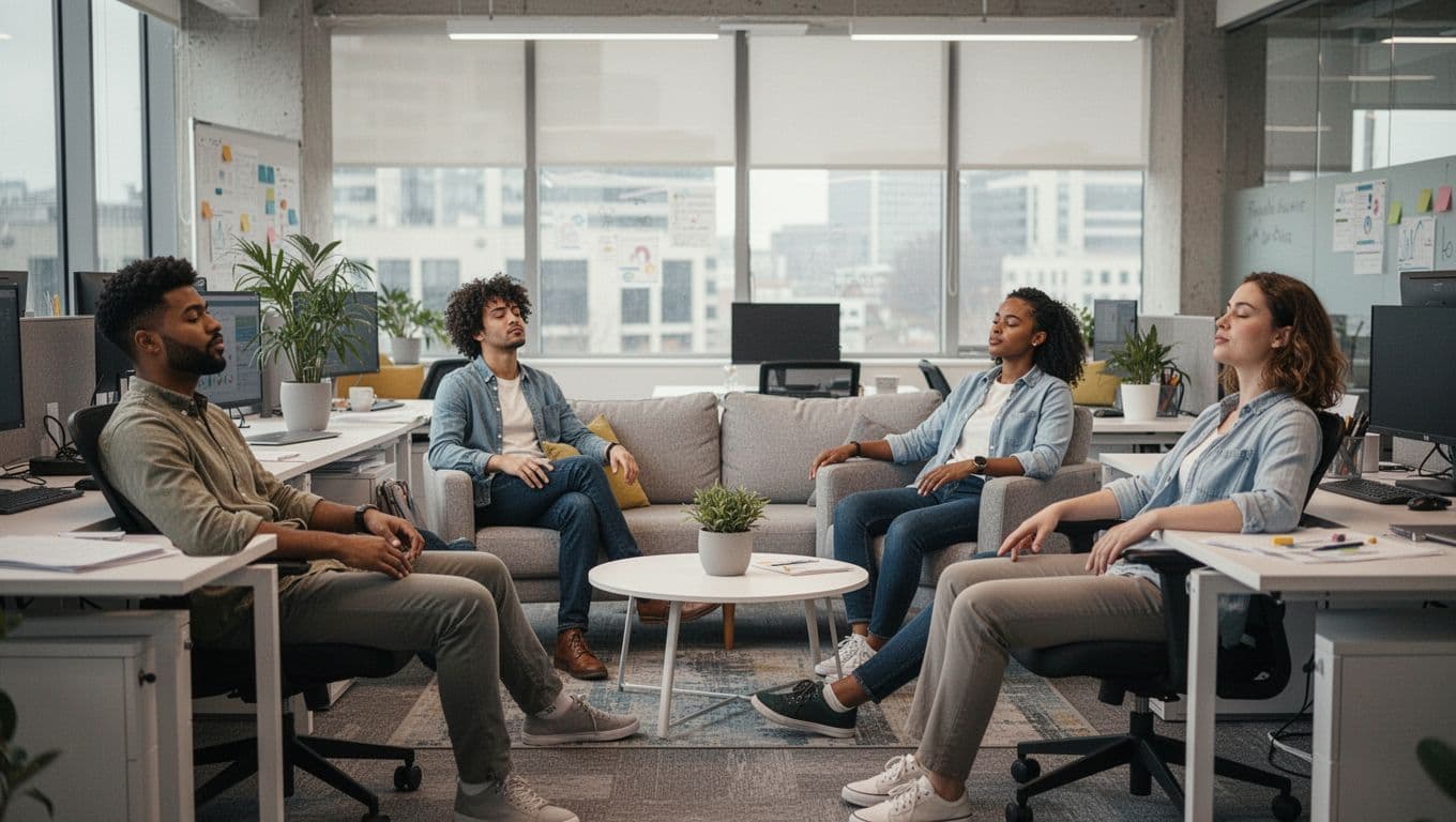 Four diverse employees participate in a short sleep challenge break in a modern office workspace, sitting relaxed at desks or lounge area with soft natural lighting.