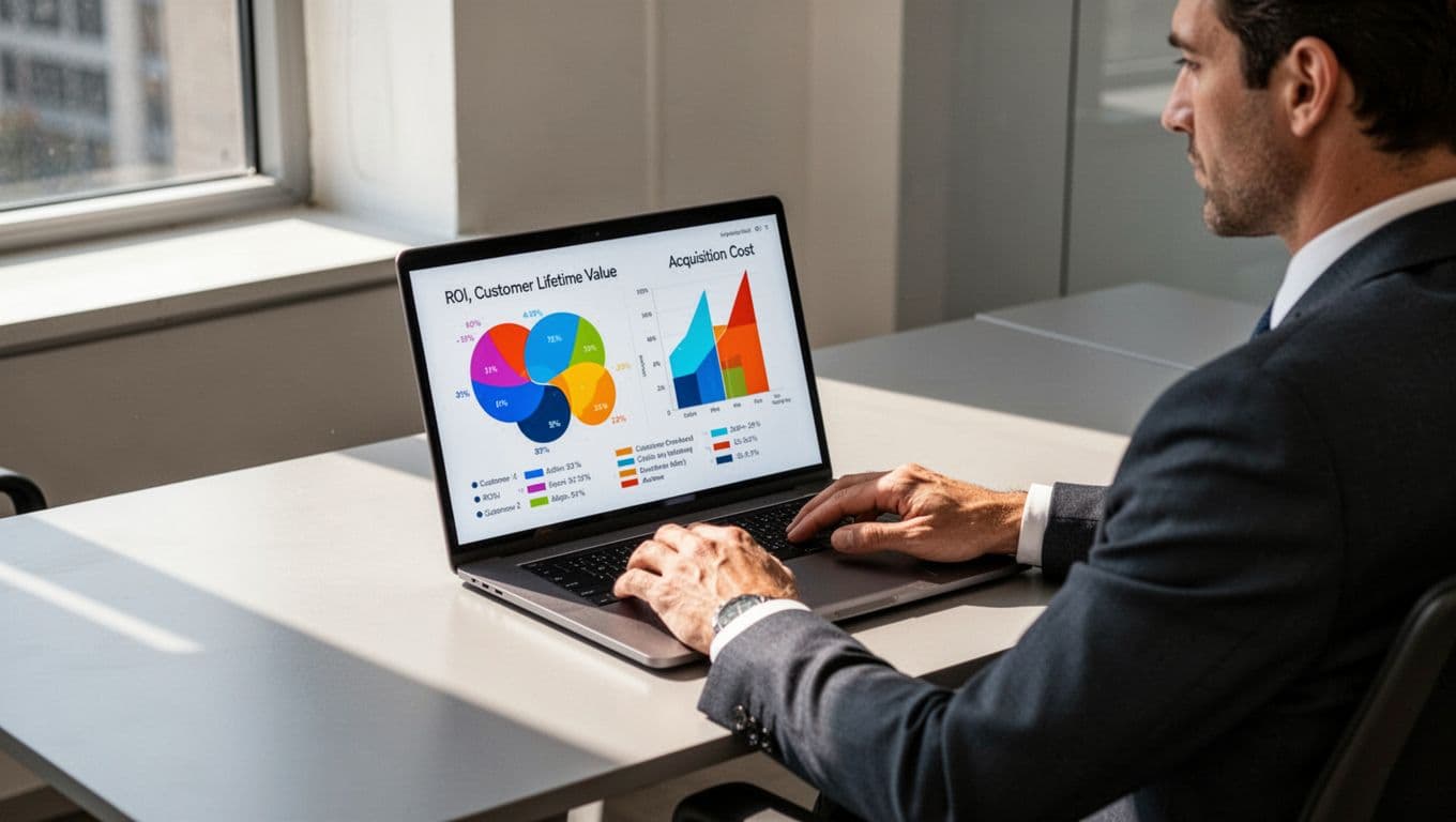 A modern office desk with a laptop screen displaying simple ROI calculation graph, CLV chart, and CAC bar, viewed by a single executive in natural window light and minimalist professional style.