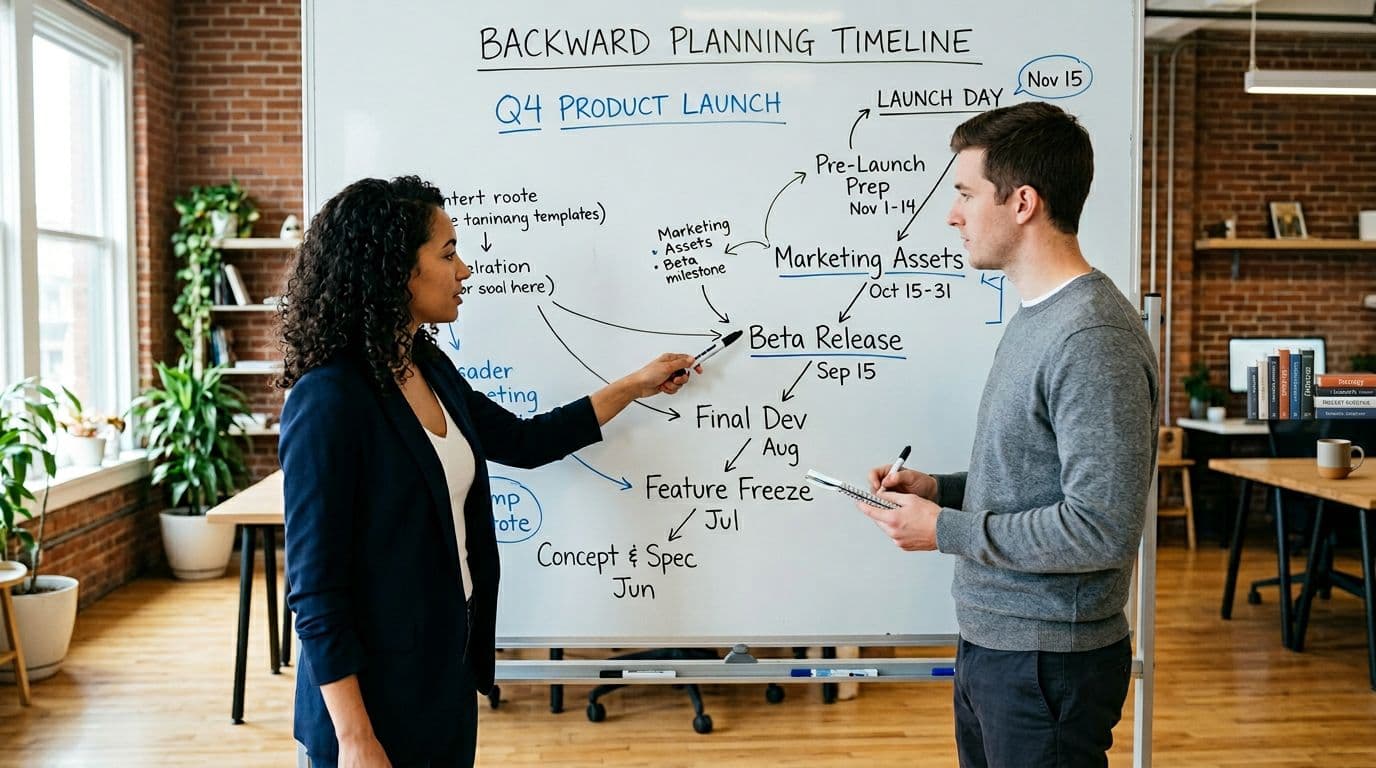 A focused team of exactly two people in a modern office plans a product launch on a whiteboard using backward planning timeline, with one leader pointing at milestones in a calm atmosphere under natural daylight, realistic style.