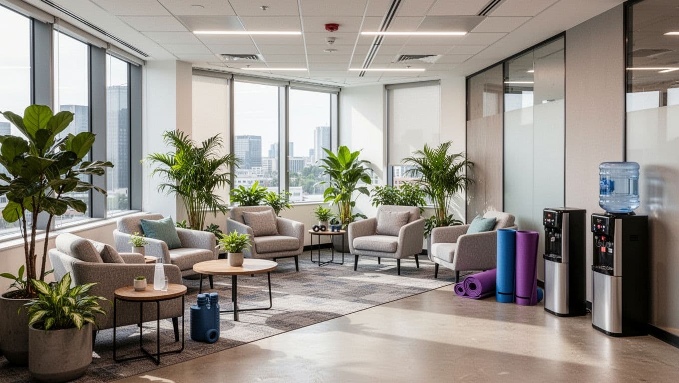 Contemporary office lounge area with comfortable seating, lush plants, yoga mats, water station, soft daylight illuminating clean lines, empty and inviting for relaxation, wide shot with no people, text, or branding.