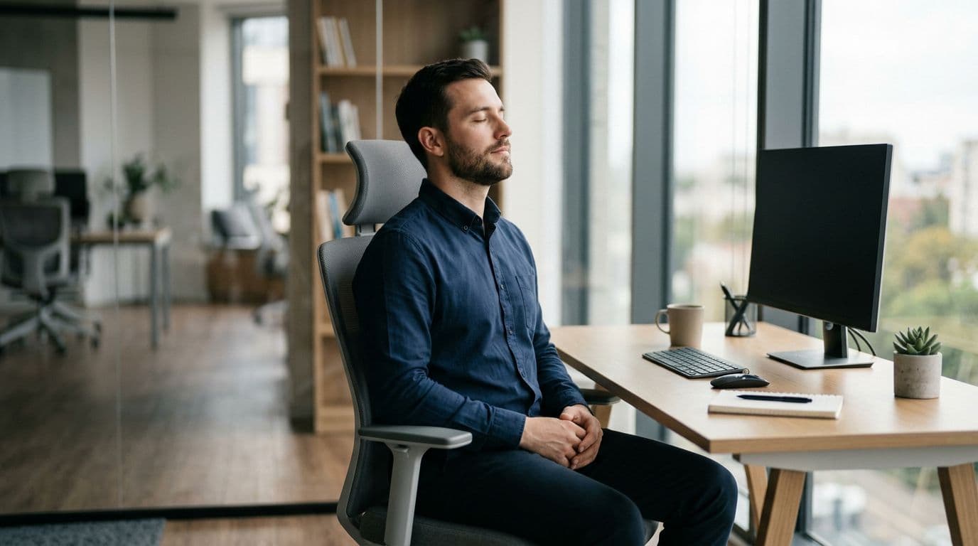A single employee sits relaxed at a simple desk in a modern office, breathing deeply with hands in lap and calm expression, illuminated by soft natural light in a realistic style.