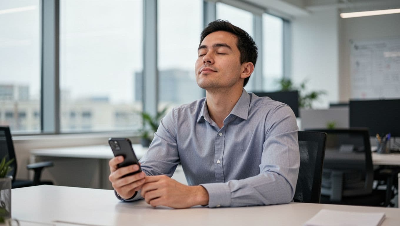 Photorealistic image of a single employee in a modern office during a pause, eyes closed breathing calmly with a phone resting on the desk, screen off or blurred, relaxed expression, soft natural light from window.