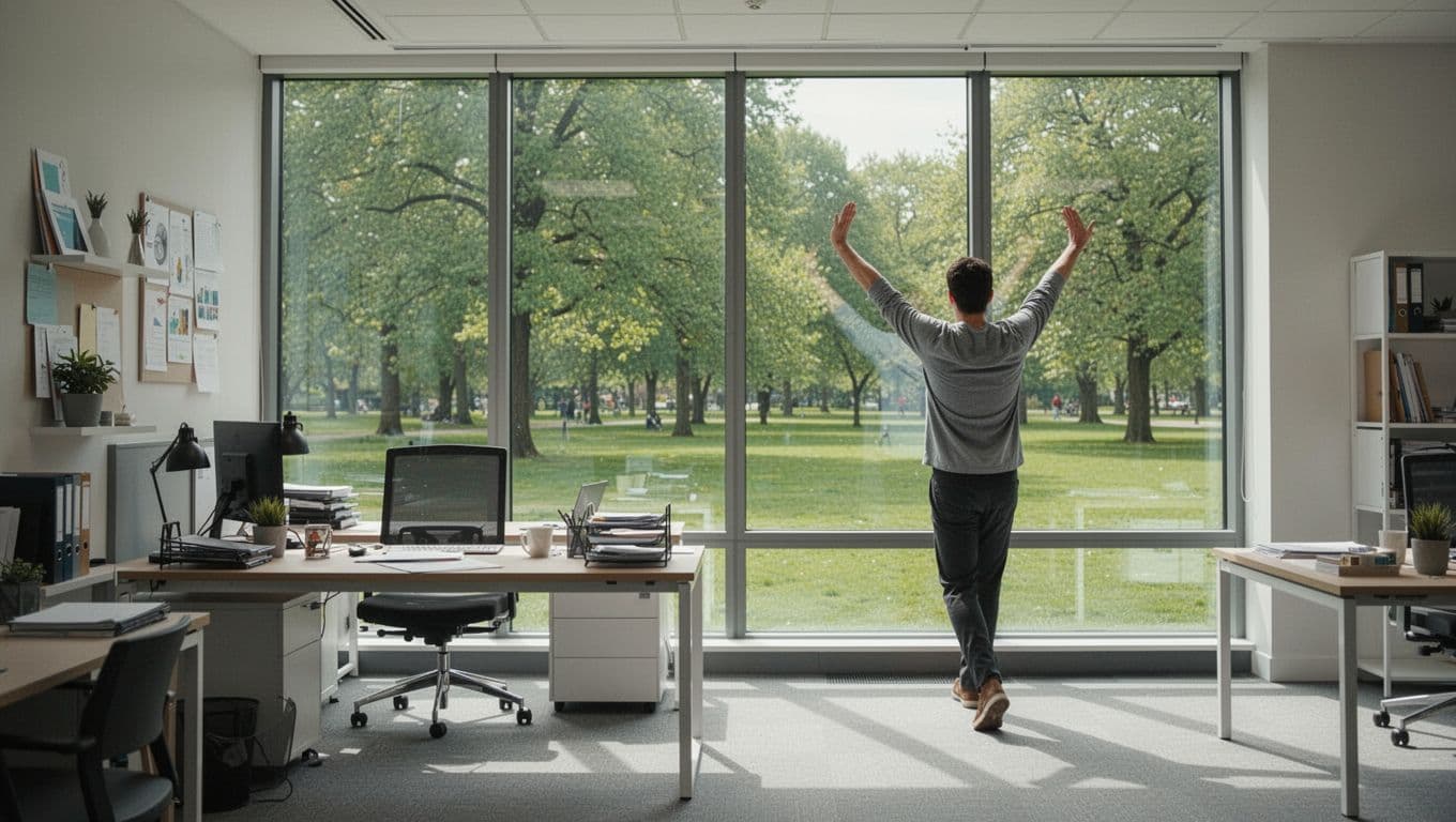 Una persona en una oficina moderna se levanta de su escritorio ordenado, estira los brazos y camina hacia una ventana con vista a un parque durante un break corto. Estilo realista con iluminación natural de día y colores calmados.