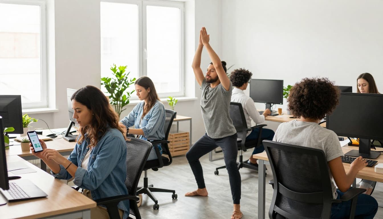 Diverse group of three office workers in a modern collaborative space: one using a mental health app on phone, another in yoga pose, relaxed expressions, natural daylight, plants.