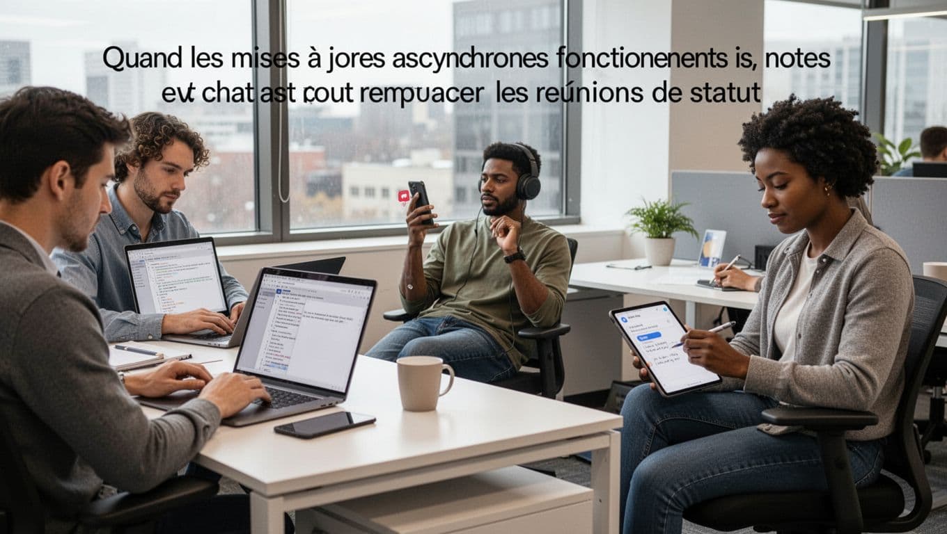 Three diverse professionals work asynchronously in a modern open office: one types on a laptop with a shared document, another listens to a voice note via headphones on phone, and the third takes notes from a chat on a tablet.
