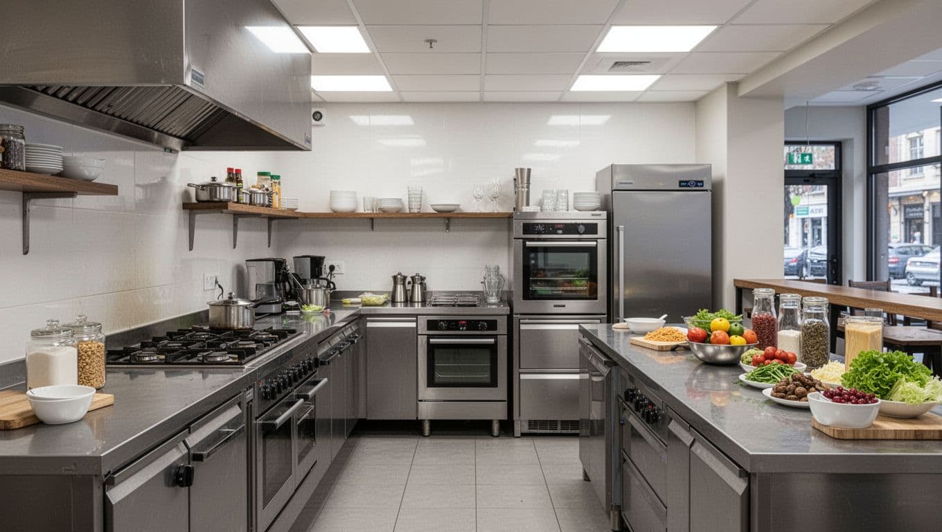 Cómo empezar un restaurante en Florida (sin perder el sueño en el intento) 2 Close view of a modern small restaurant kitchen in preparation phase with clean counters, basic equipment like stove, oven, and fridge, neatly arranged ingredients, and empty space suggesting a new startup under bright overhead lighting. Photorealistic image with no people, text, or extra objects in landscape orientation.