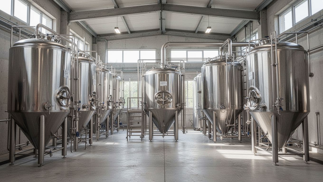 Stainless steel equipment in a modern brewery, featuring a brewhouse with fermentation tanks and bright tank in a clean, naturally lit industrial space. Wide photorealistic view from the center with soft lighting, no people, text, or logos.