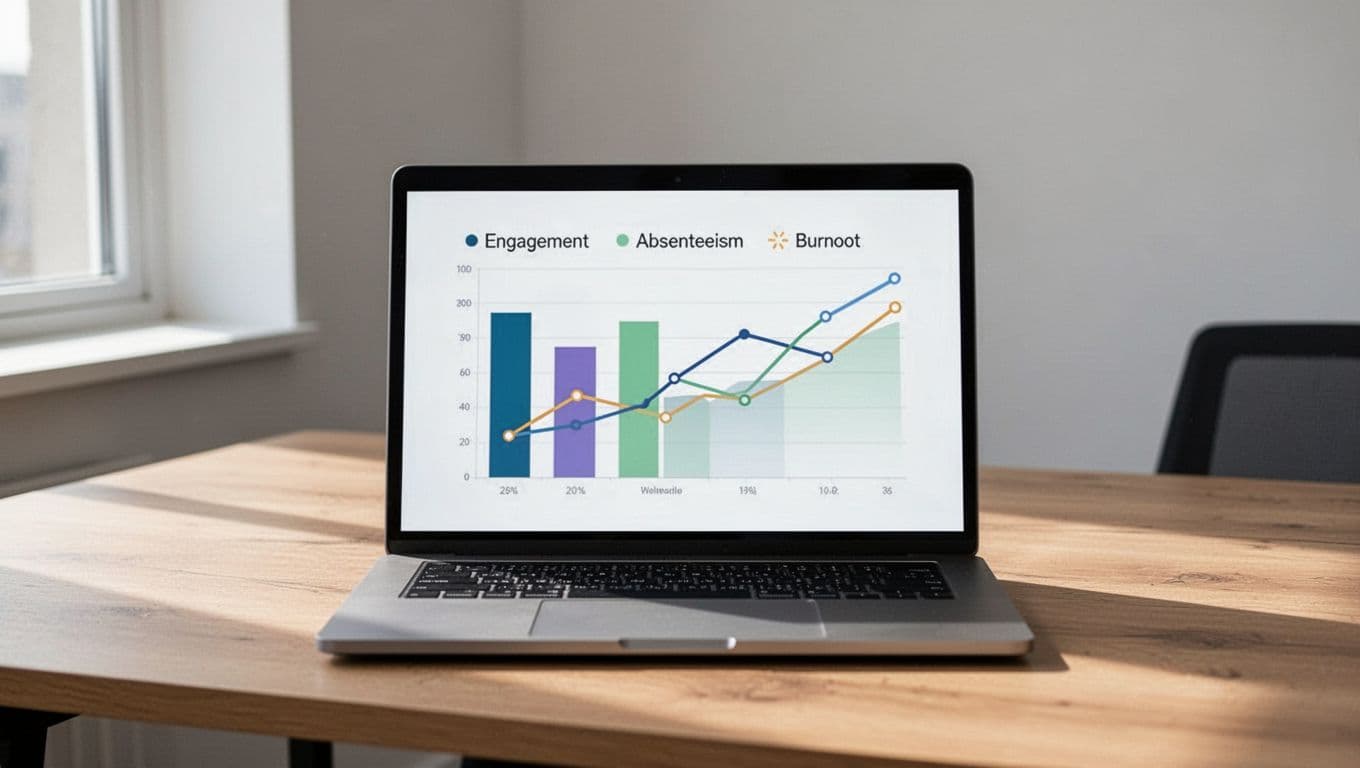 A modern dashboard on a laptop screen in a clean office displays graphs of wellbeing KPIs including engagement rate, absenteeism, and burnout levels with bars and lines. Soft natural light from the window illuminates the minimalist wooden desk setup, focused on the screen with no people, logos, or readable text.