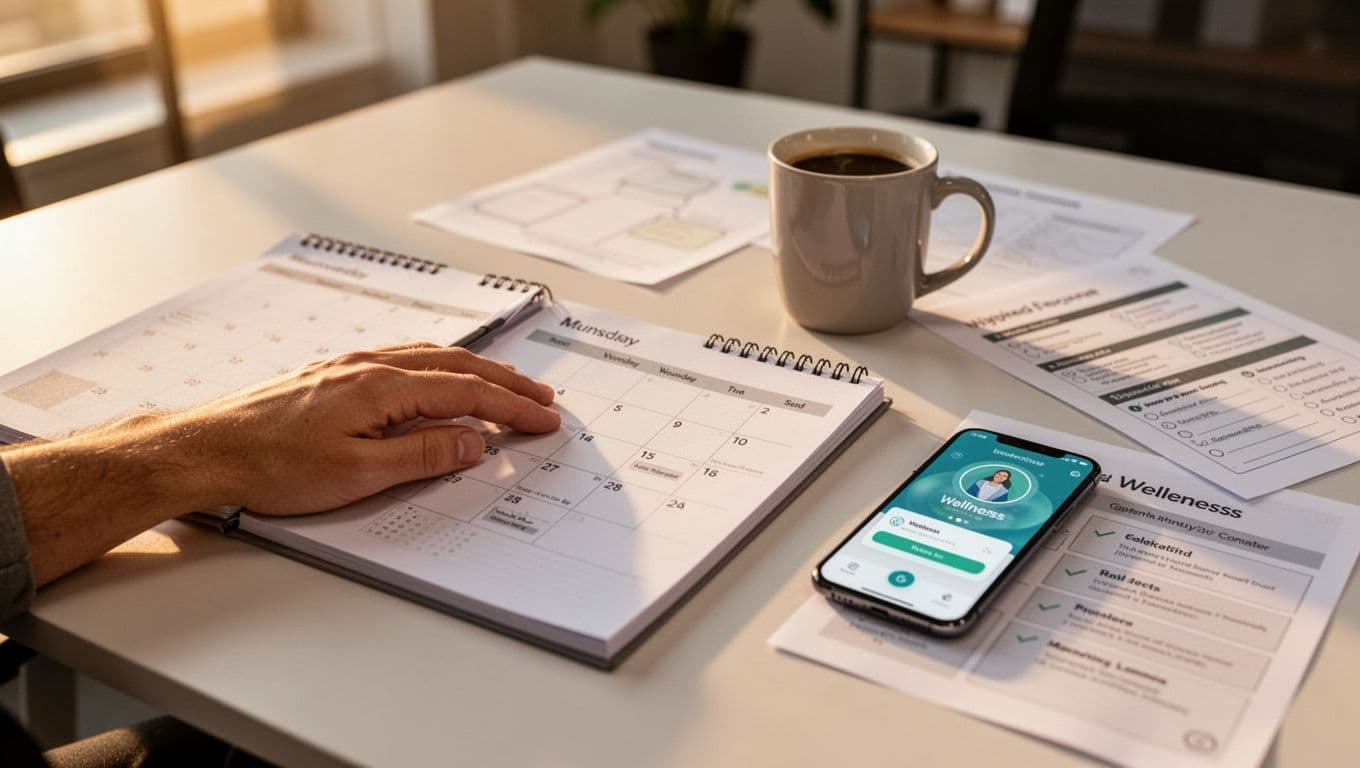 Photorealistic office desk with an open monthly wellness activities calendar, printed message templates and checklists nearby, a phone displaying a wellness app, coffee mug, blurred hybrid team background, soft afternoon lighting, and a single hand resting on the calendar.