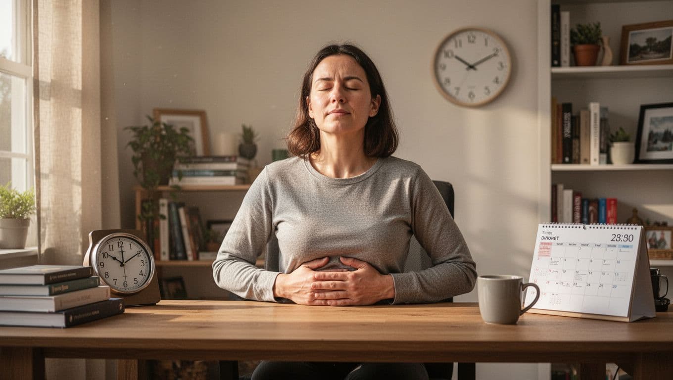 A person at a home desk in soft morning light takes a brief breathing exercise break, eyes closed, hands on abdomen, with a clock, calendar, books, and coffee mug nearby.