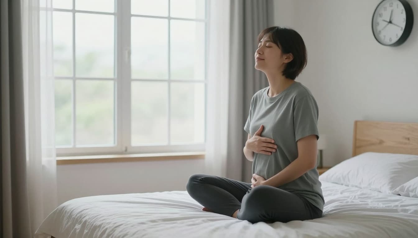 A person stands by a sunlit window taking a deep breath with hands on belly, transitioning to a seated meditation pose in a cozy bedroom with a made bed and early clock. Photorealistic scene with bright natural light, peaceful and motivational mood.