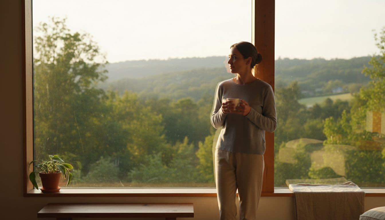 A person stands relaxed by a large window in bright morning sunlight, holding a coffee mug and gazing at a green outdoor view, with natural golden hour lighting illuminating their face in a simple home interior.