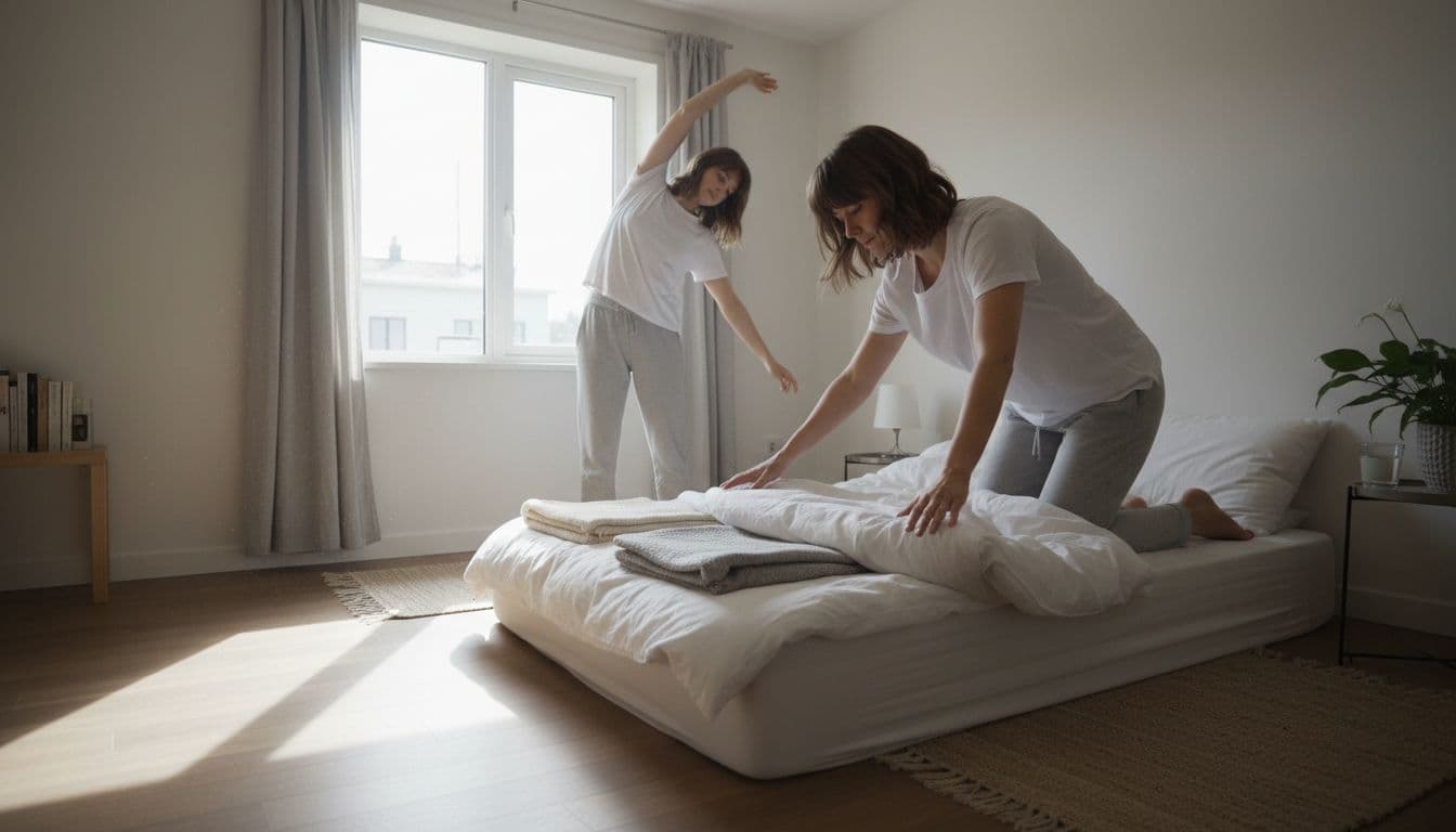 A person in a simple home performs a peaceful morning routine: making the bed, drinking water, and light stretching under soft morning light, promoting stress reduction.