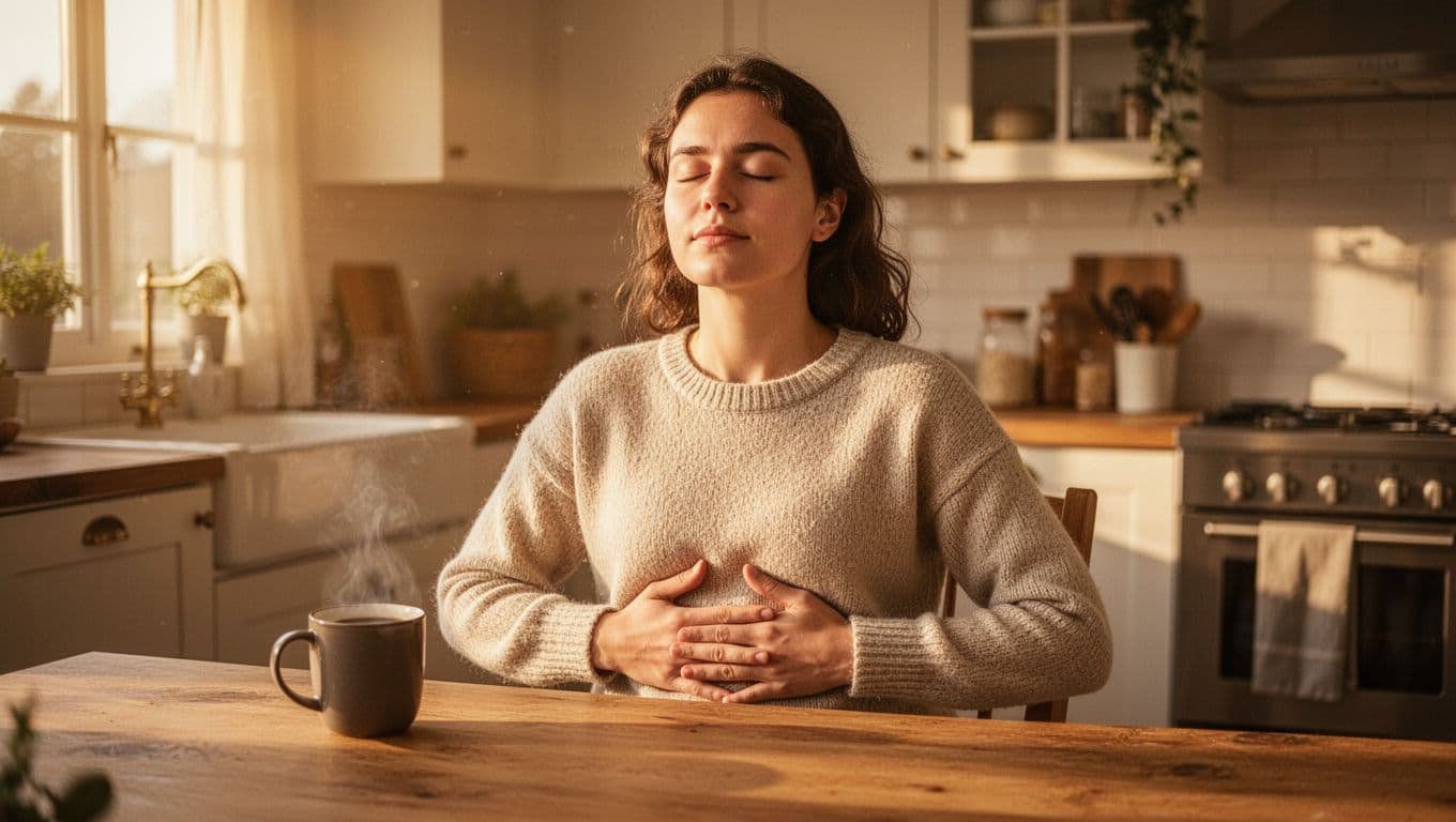 A young adult sits relaxed at a wooden kitchen table with a coffee mug nearby, eyes closed, hands on abdomen practicing breathwork and meditation in warm golden morning sunlight.