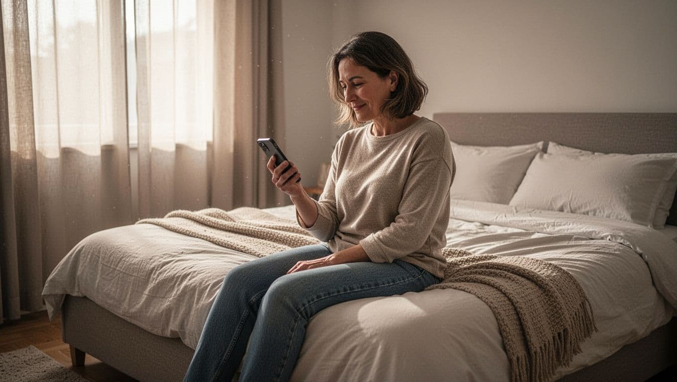 A relaxed person sits on a cozy bed in morning light, using a phone to check their meditation streak in a wellbeing app during their daily routine.
