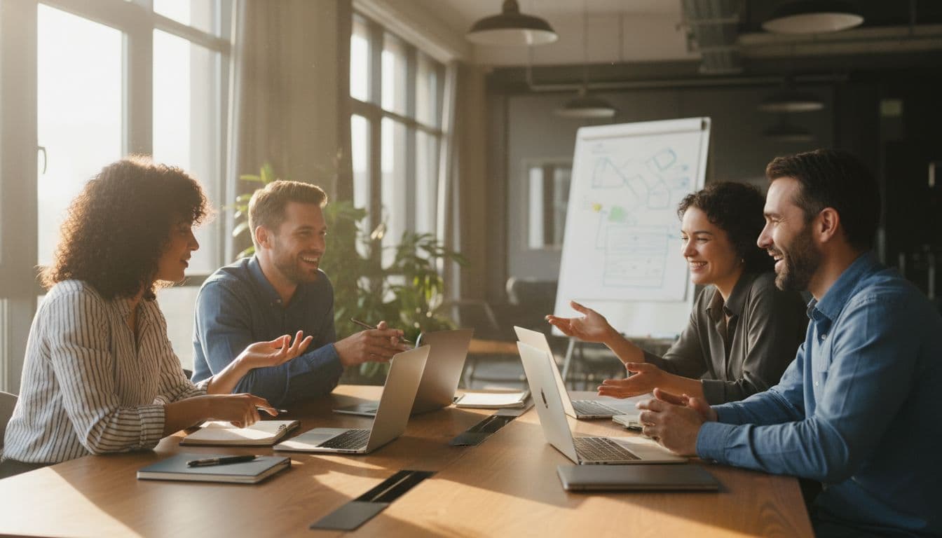 A diverse team of four tech professionals collaborates with enthusiasm in a modern, brightly lit meeting room around a table with closed laptops and notes, featuring genuine smiles, natural gestures, relaxed hands, and warm natural light in photorealistic style.