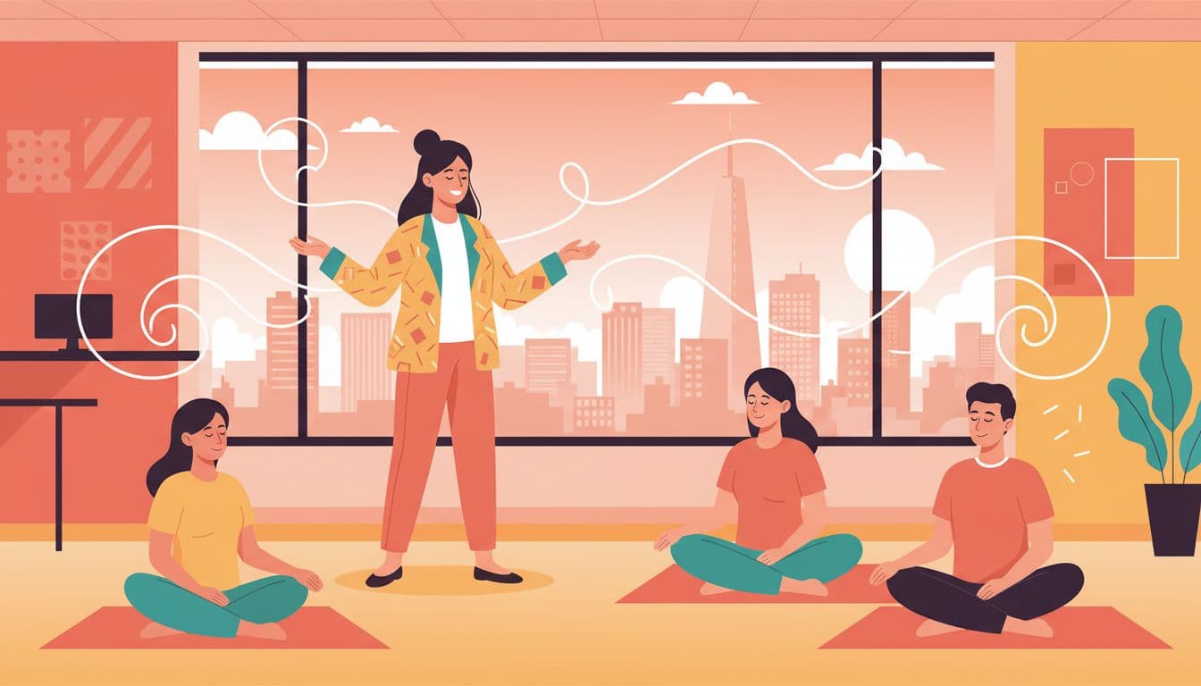 Motivated employee with open hands guides three relaxed colleagues in breathing session inside CDMX office with skyline background.