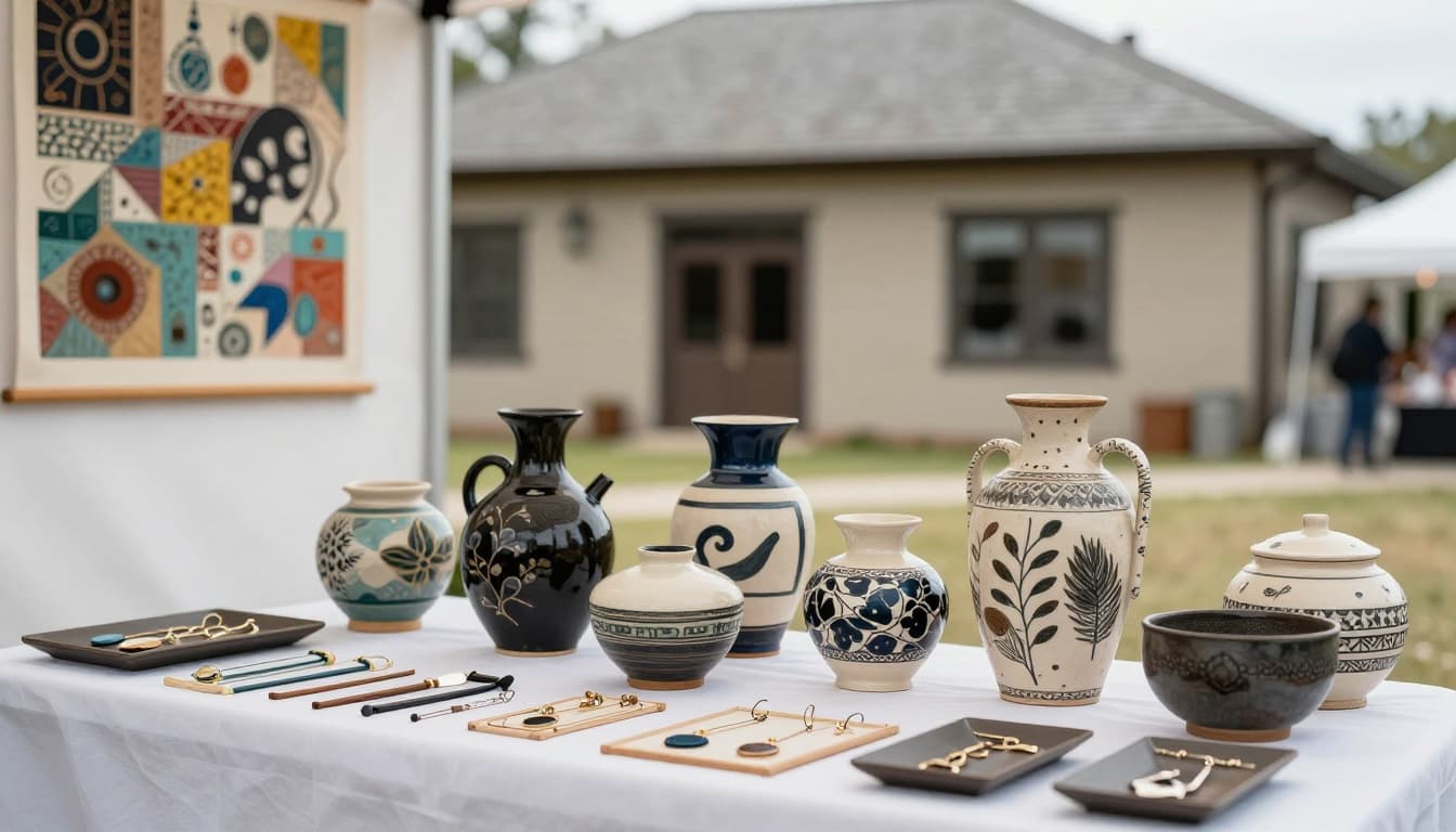 Close-up of an artist booth at Mount Dora Arts Festival with a table displaying handmade pottery vases, sculptures, and jewelry, mixed media paintings on the wall, and a blurred historic building in the soft February sunlight background.