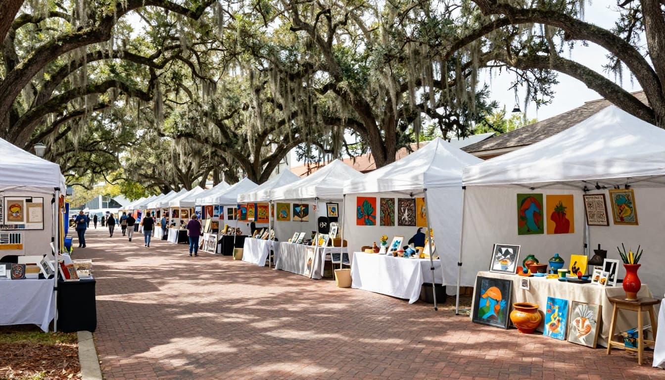 Wide landscape view of the Mount Dora Arts Festival in historic downtown, with rows of white artist tents along brick sidewalks under large oak trees draped in Spanish moss. Colorful paintings and pottery are visible in booths, with Lake Dora in the background on a sunny winter day in Florida.