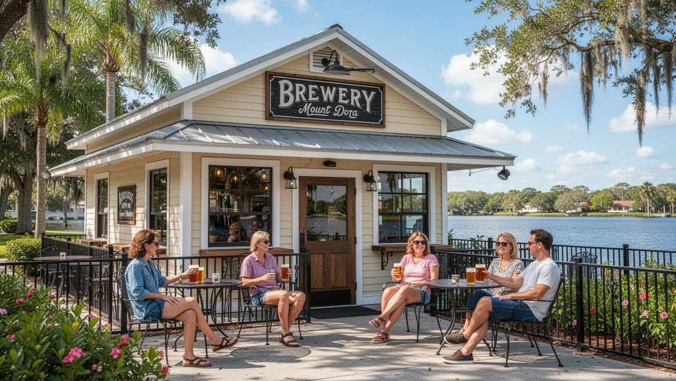 Licencia de licor en Florida: la guía clara para servir, vender y disfrutar (2026) 3 Outdoor scene of a small brewery in Mount Dora, Florida, with four relaxed people enjoying beers on the patio and a scenic lake view in the background on a vibrant sunny day.