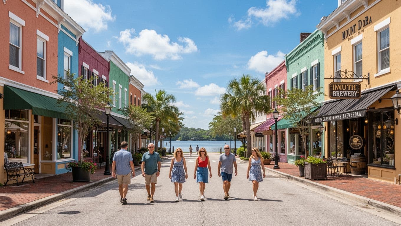 A sunny weekend scene on a wide downtown street in Mount Dora, Florida, featuring colorful buildings, boutique shops, and exactly six people walking singly or in pairs toward an inviting brewery entrance, with a blue sky and lake in the distance.