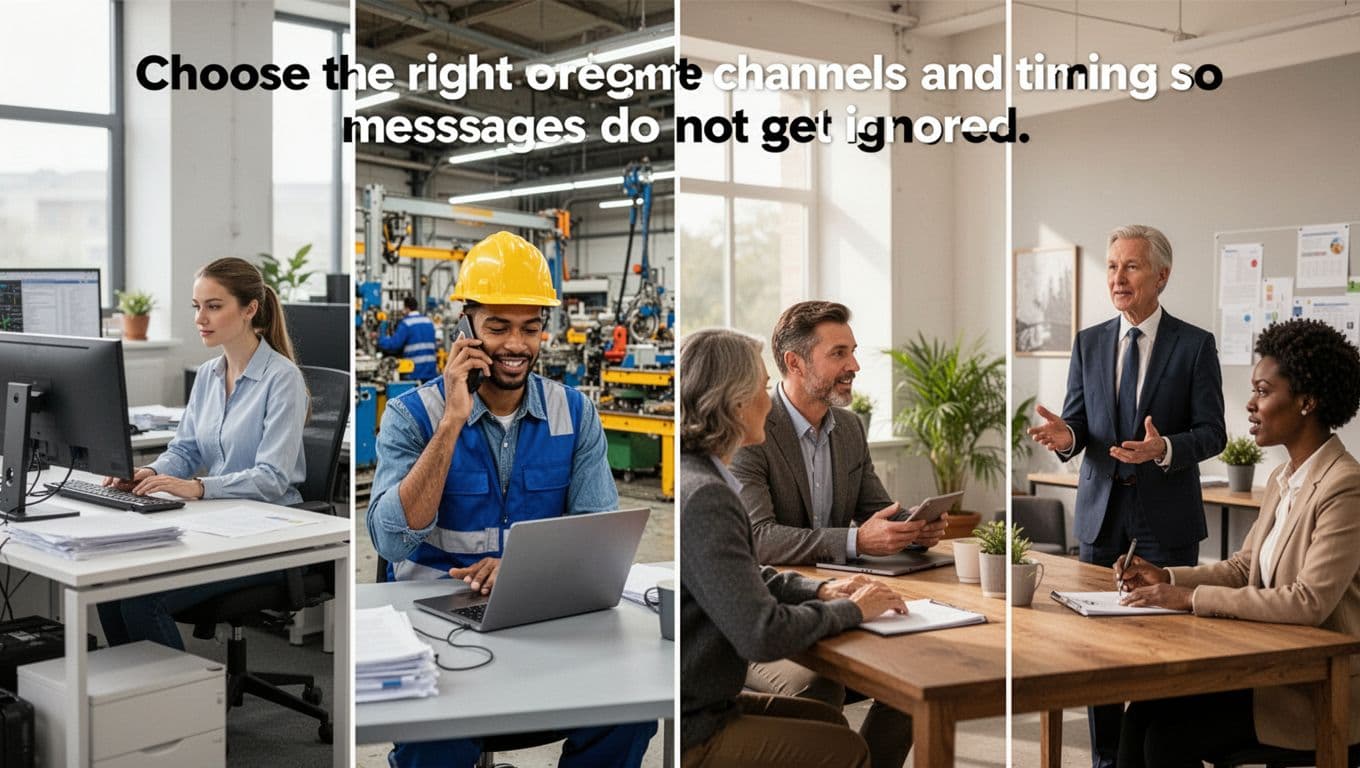 Four connected realistic daylight scenes depict diverse employees in different settings: office worker at computer, factory staff with phone, remote home worker on laptop, and manager in small meeting.