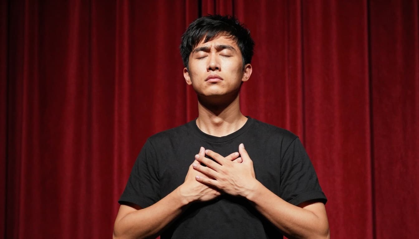 A solo nervous young adult performer stands backstage behind red curtains with eyes gently closed and hands resting on their belly, practicing deep diaphragmatic breathing to relax shoulders and posture under dim warm side lighting.