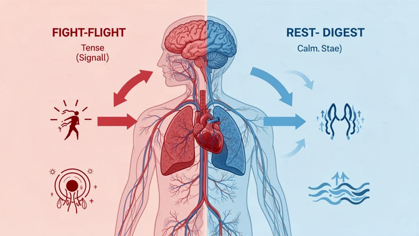 Simple diagram-like illustration of human nervous system with brain, heart, lungs highlighted, showing switch from fight-flight red tense state to rest-digest blue calm state via breath arrows. Minimalist vector style, no text, no people, clear icons for stress signals and calm waves, balanced composition.