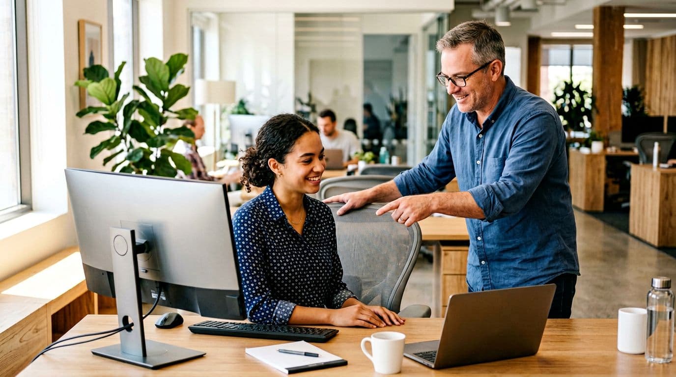 A smiling young woman new employee stands with her middle-aged male mentor in a modern office, as he points to a computer screen during first-day onboarding, captured in photorealistic style with warm lighting and simple background.